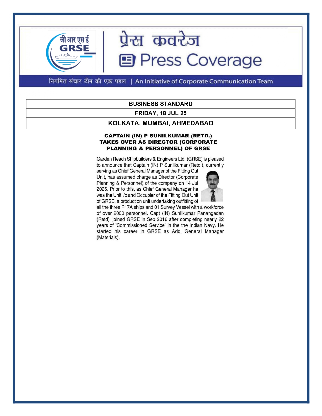 Press Coverage :  Capt P Sunilkumar (Retd) takes charge as Director  at GRSE Ltd
